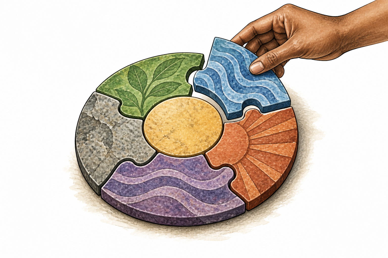 Several interlocking pieces fit together into a complete circular mosaic, integration of parts.
