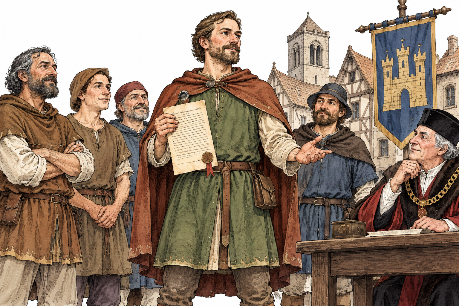 Medieval freeman participates in civic town assembly with rights document, stands confidently beside fellow citizens, no chains.