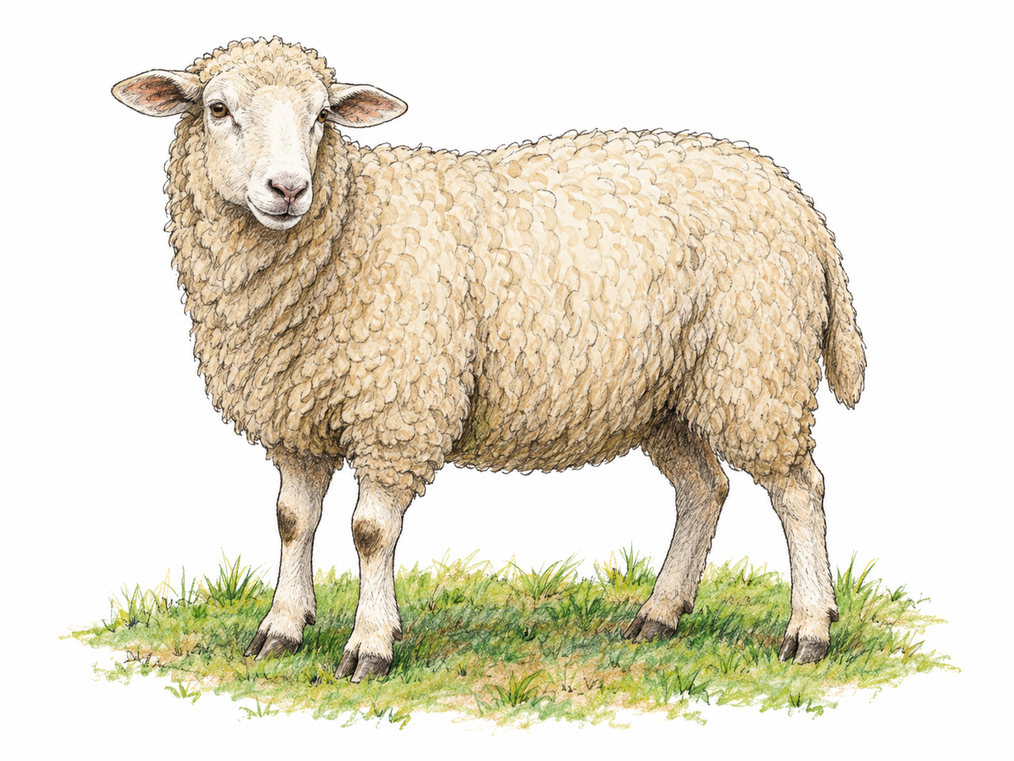One adult domestic sheep in three-quarter side view, with a thick cream-colored fleece, narrow face, horizontal ears and clearly visible cloven hooves, standing on a small patch of pasture.