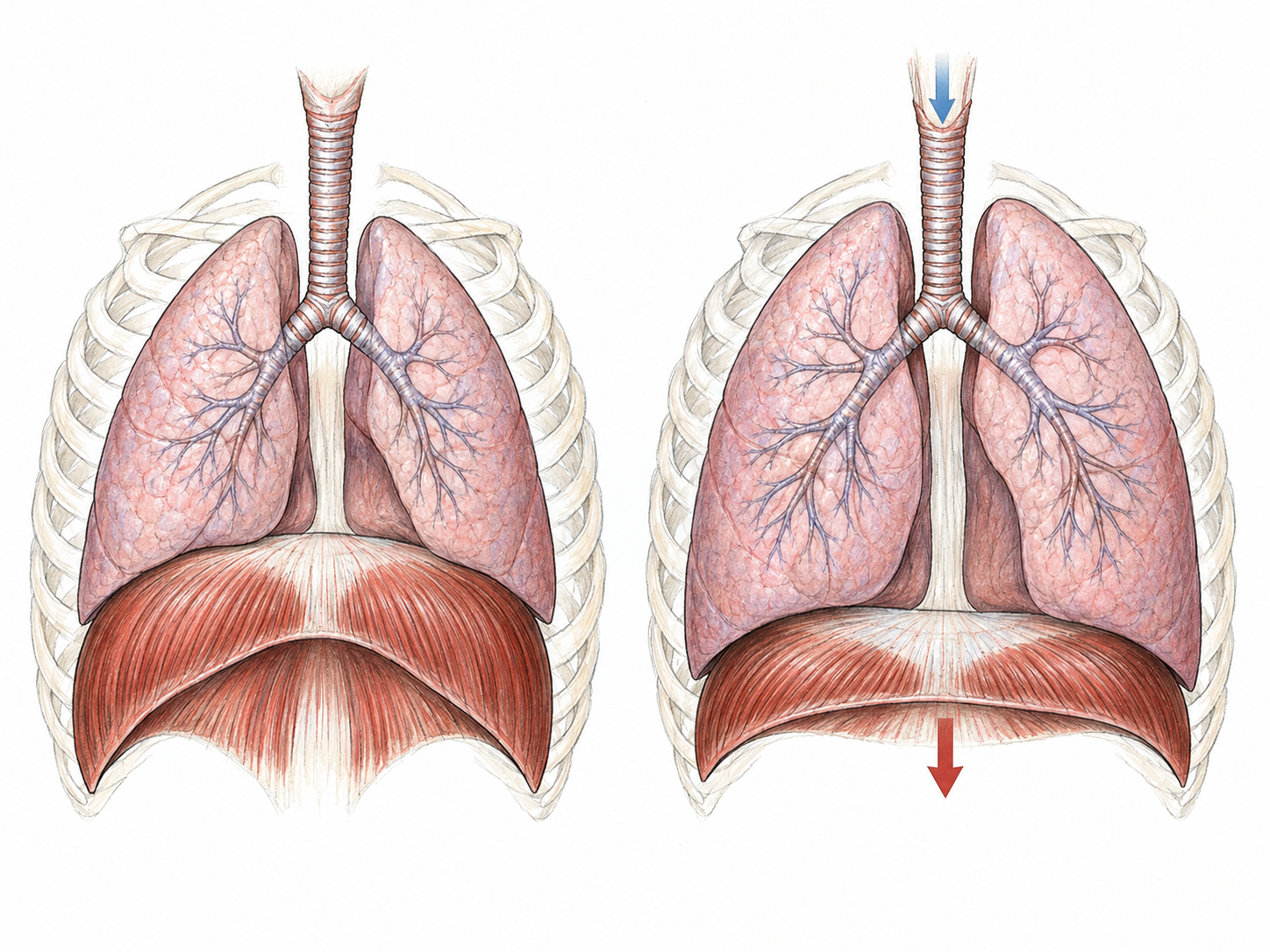 An isolated anatomical cutaway of the lungs and the broad domed diaphragm directly beneath them, with a smaller companion view showing the diaphragm flattening and the lungs expanding during inhalation.