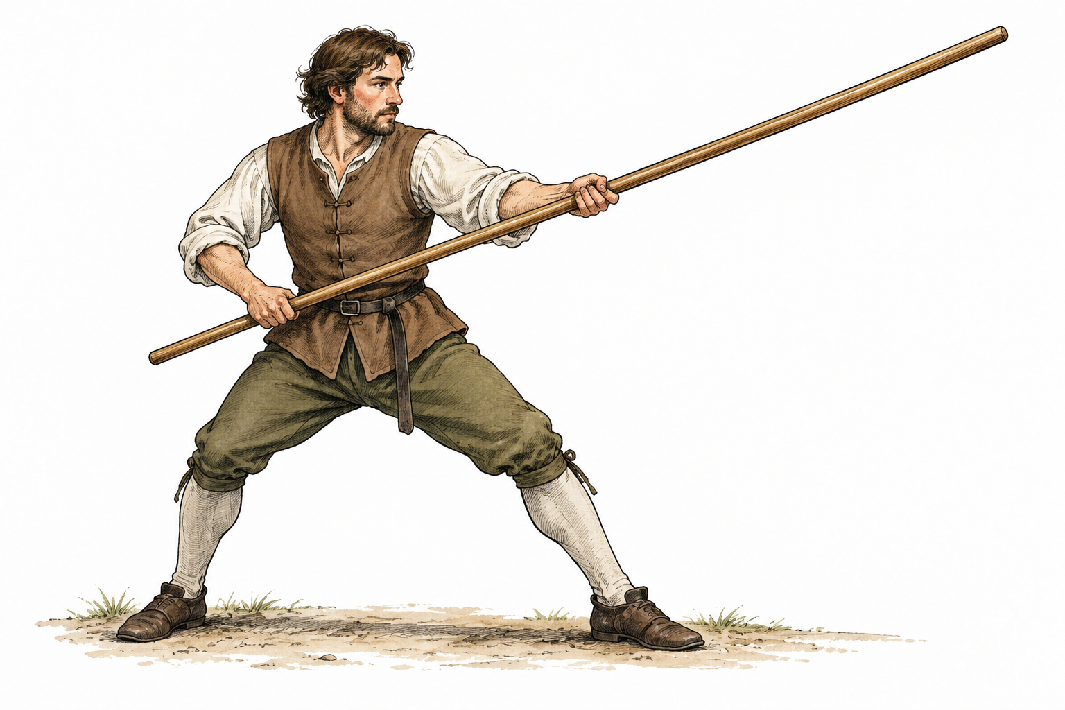 A long straight wooden quarterstaff held in a controlled historical martial practice stance, no impact or injury, plain English period clothing.