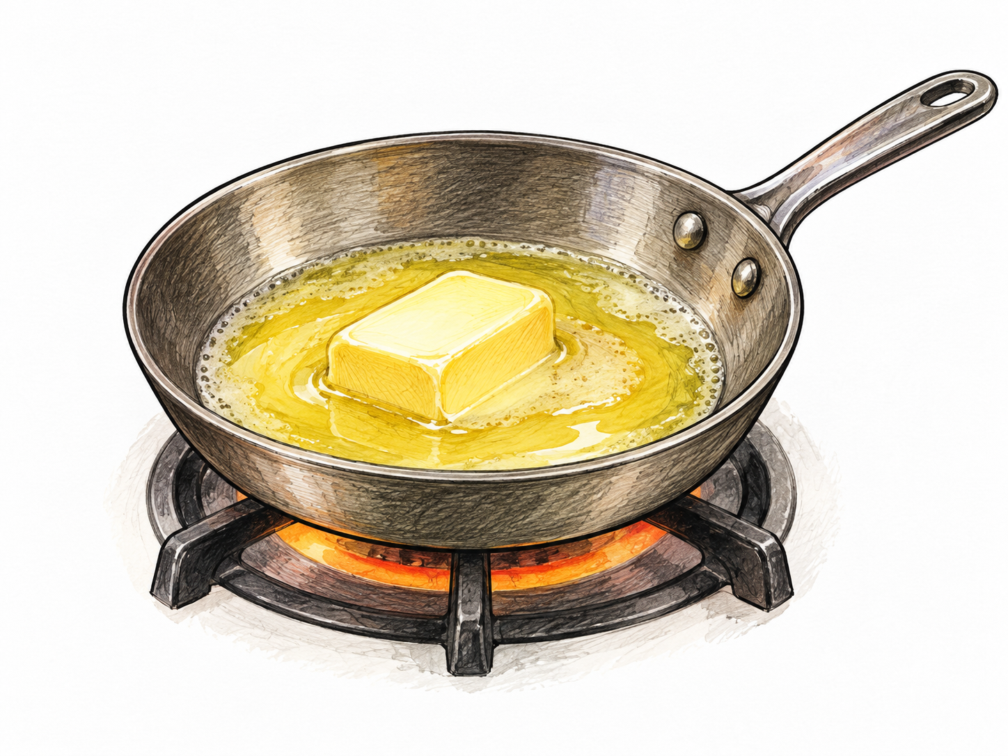 Butter pat in small plain pan on warm stove, solid core shrinking into yellow liquid pool, clear solid-to-liquid transition, no words.