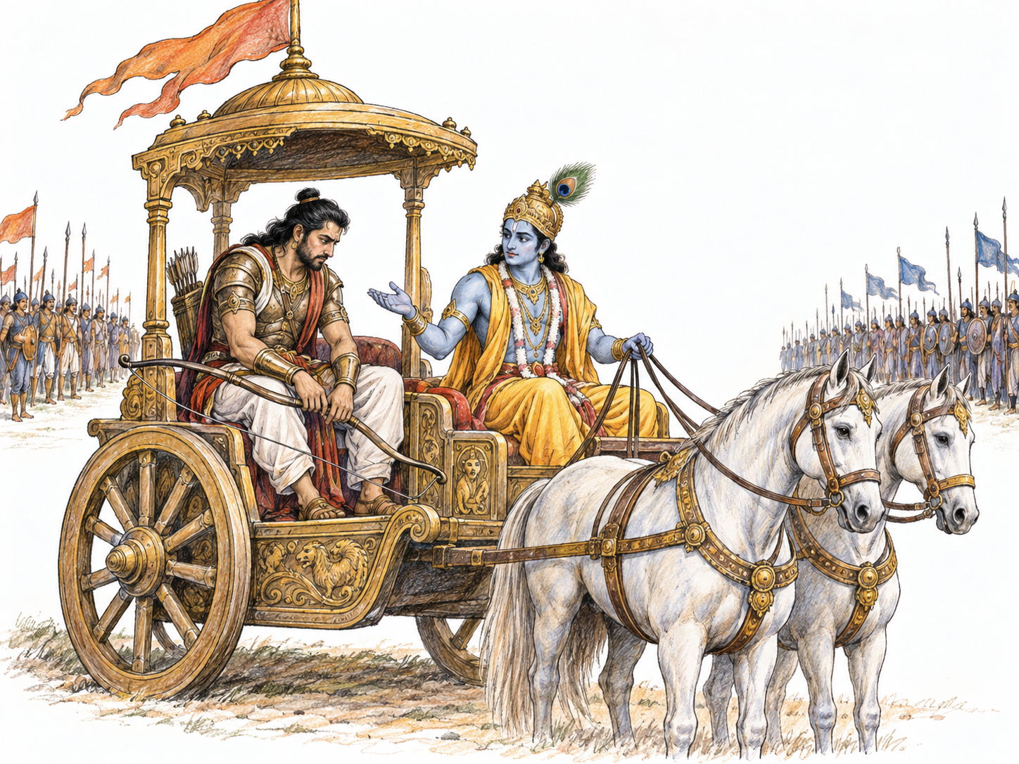 Depict dharma through the Bhagavad Gita's recognizable moral-duty dilemma: Arjuna has lowered his bow on a stationary war chariot while Krishna counsels him between opposing armies.