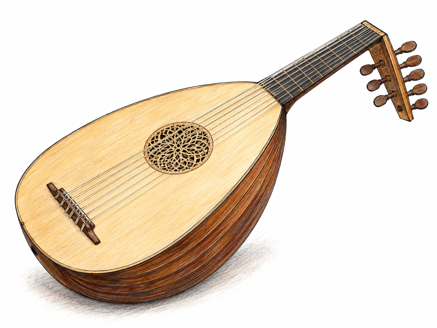 An isolated European lute shown in three-quarter view, making its rounded, ribbed bowl, pear-shaped soundboard, strings, short neck and sharply backward-bent pegbox immediately recognizable.