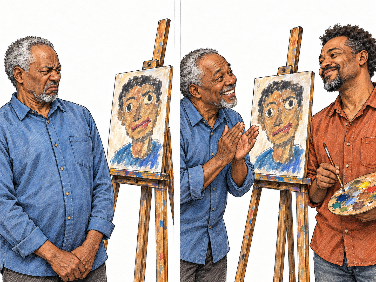 A compact two-panel sequence shows a man switching from distaste at a clumsy portrait to extravagantly admiring applause when its painter appears.