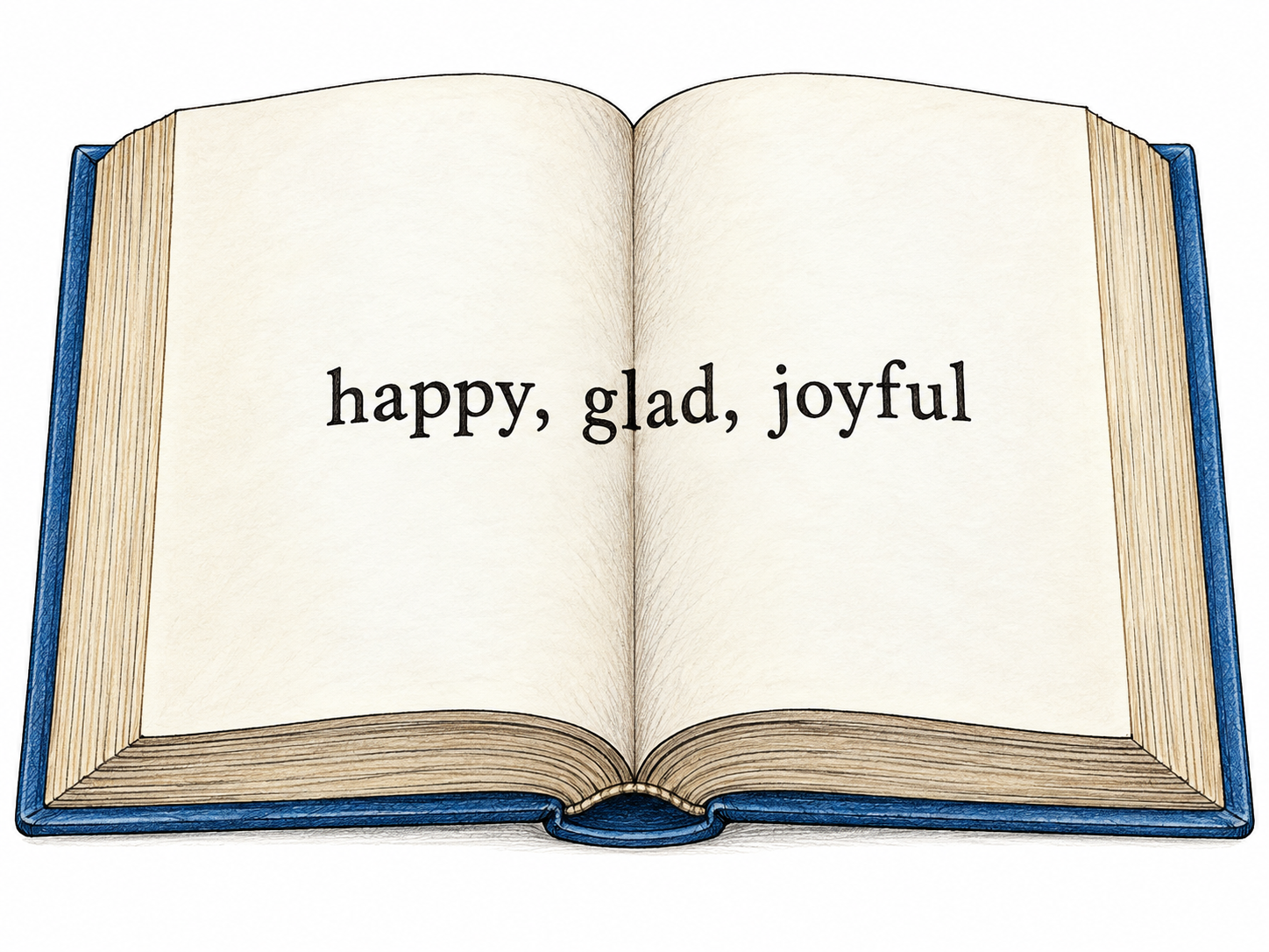 An open reference book shows only the short functional synonym group happy, glad, joyful arranged as one entry; no heading, extra definitions or decorative prose.