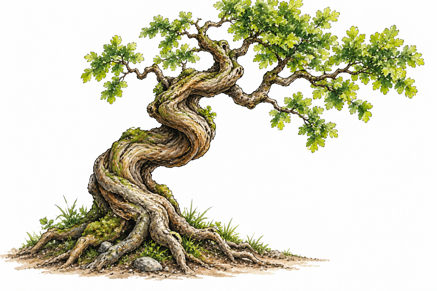 A living tree trunk twists into a pronounced spiral.