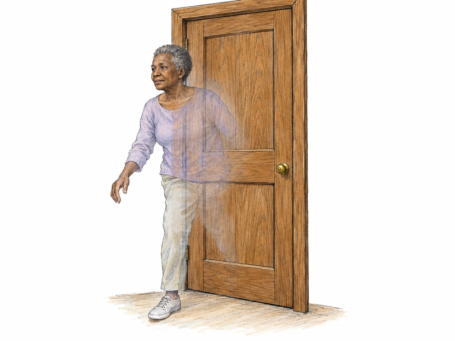 A translucent, human-shaped apparition passes directly through a solid closed door: the door's wood grain remains visible through her, while her torso intersects the intact panel.