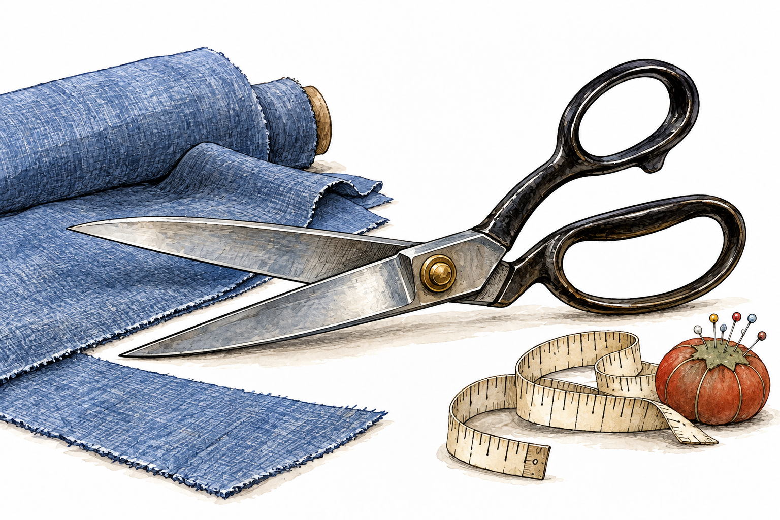 A large pair of tailoring shears lies open beside neatly cut fabric.