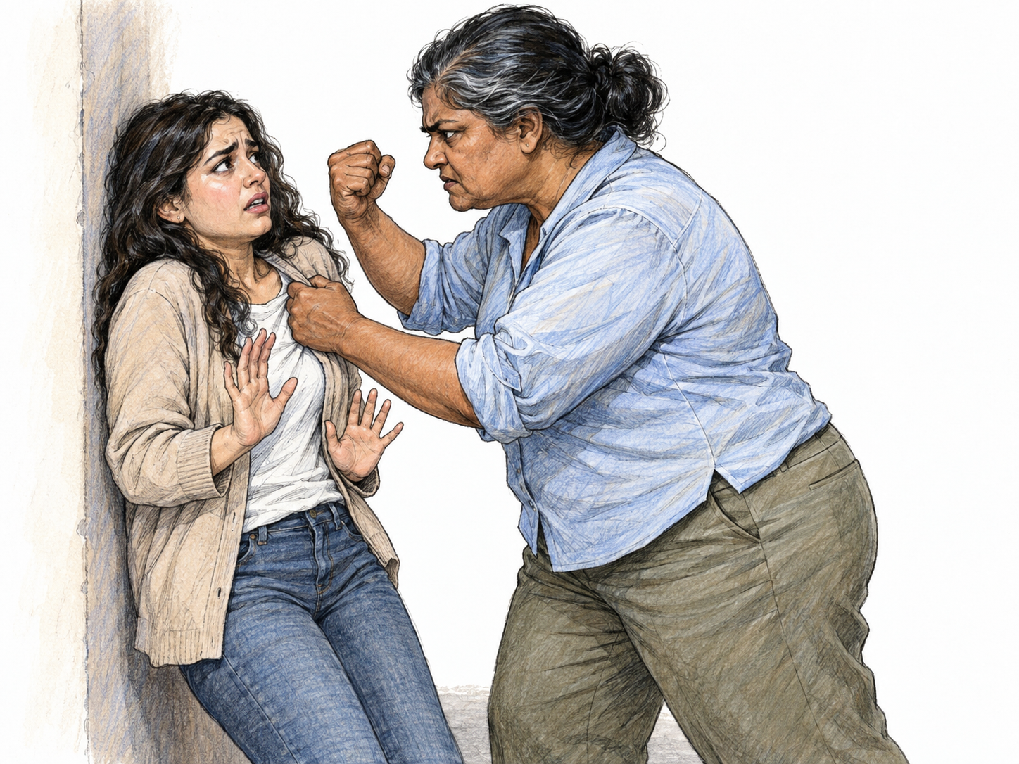 A physically imposing older woman corners a smaller young woman against a wall, gripping her cardigan and raising a threatening fist while the younger woman recoils with open, defensive hands.