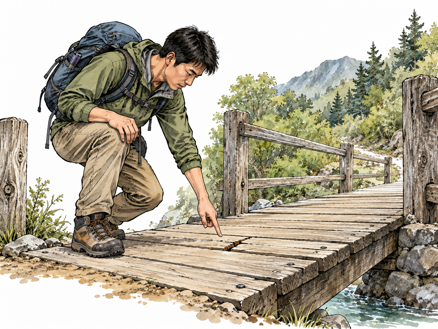 East Asian hiker notices a small warning crack in bridge before crossing.