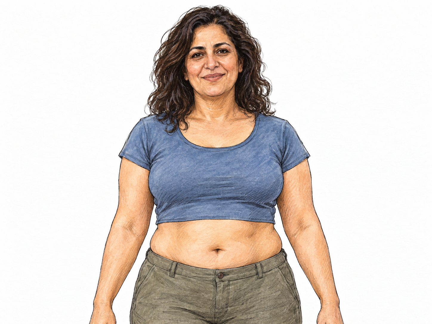 A straightforward front-facing torso study of a woman wearing a cropped top and waist-high trousers, with the exposed band between her chest and waist as the unmistakable focal area.