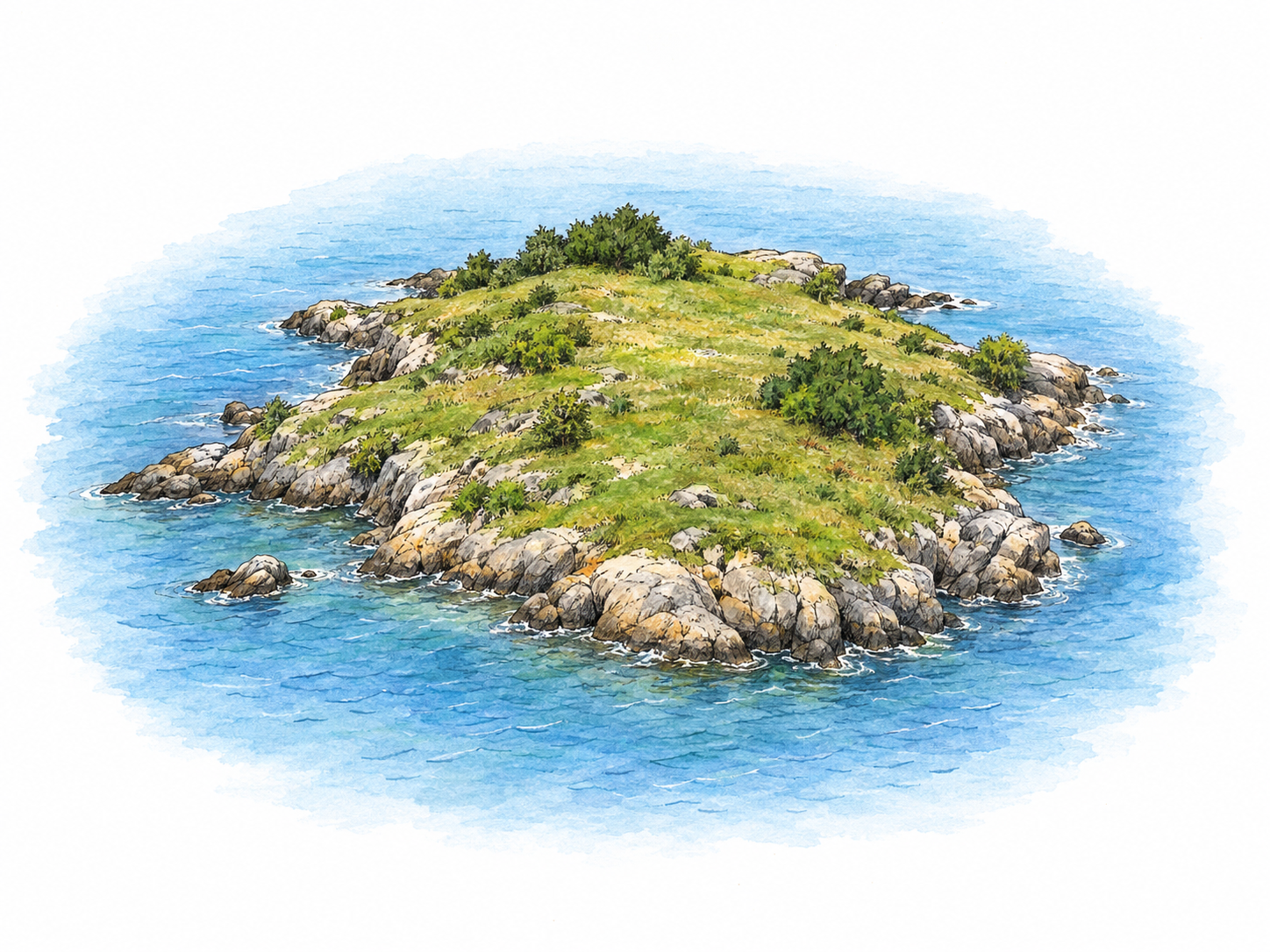 An elevated view of a small grassy island with a rocky shore, clearly surrounded on every side by water.