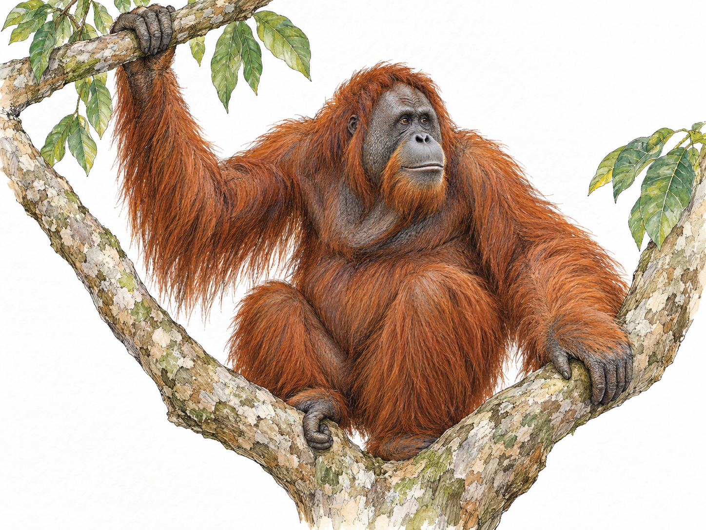 A single adult orangutan perched in a tropical tree fork, its shaggy reddish-brown coat, very long arms, broad bare face and grasping feet clearly visible.