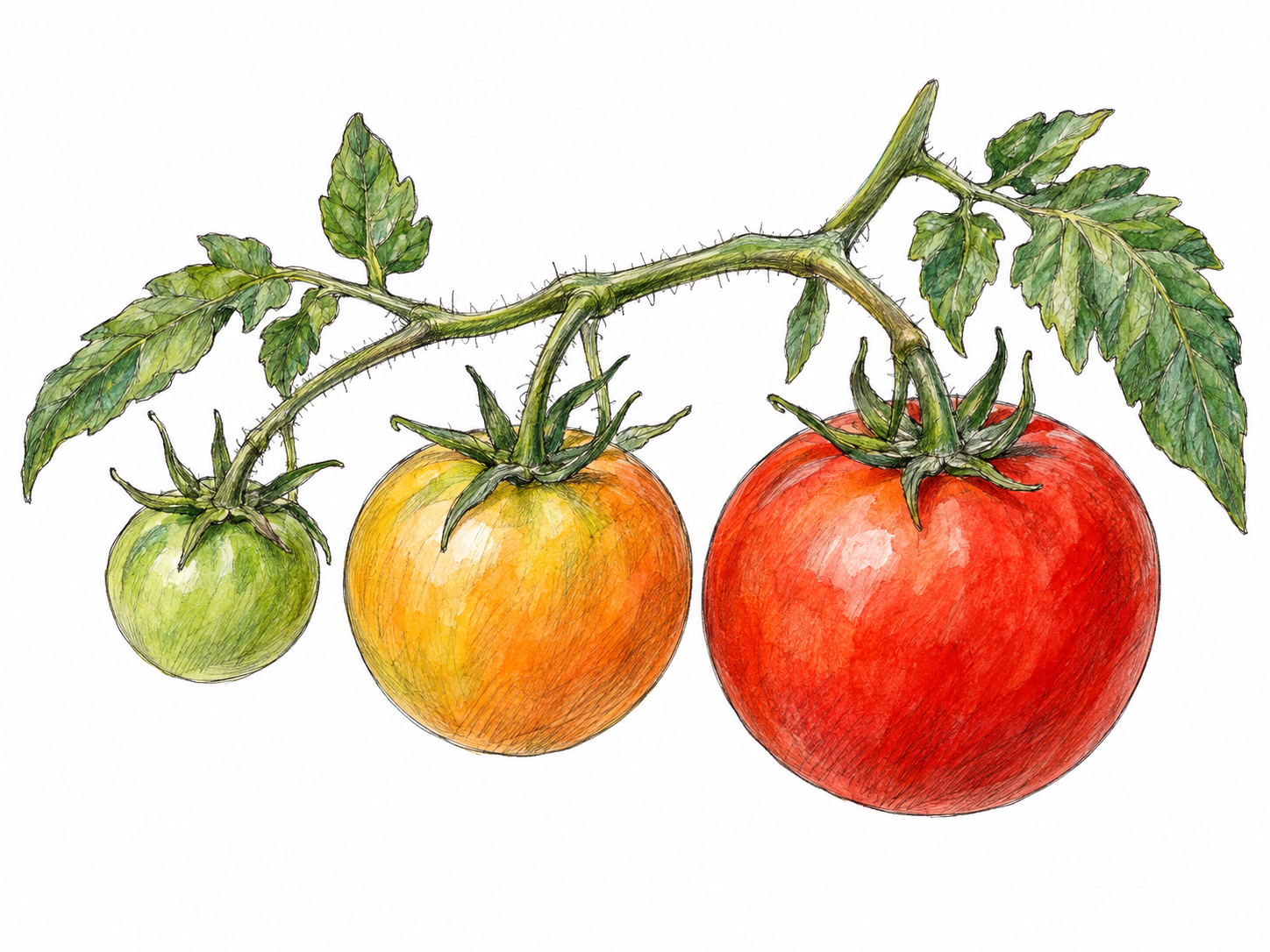 Three tomatoes on one living vine show progressive maturation: a small green fruit, a larger yellow-orange fruit, and a fully grown ripe red fruit.