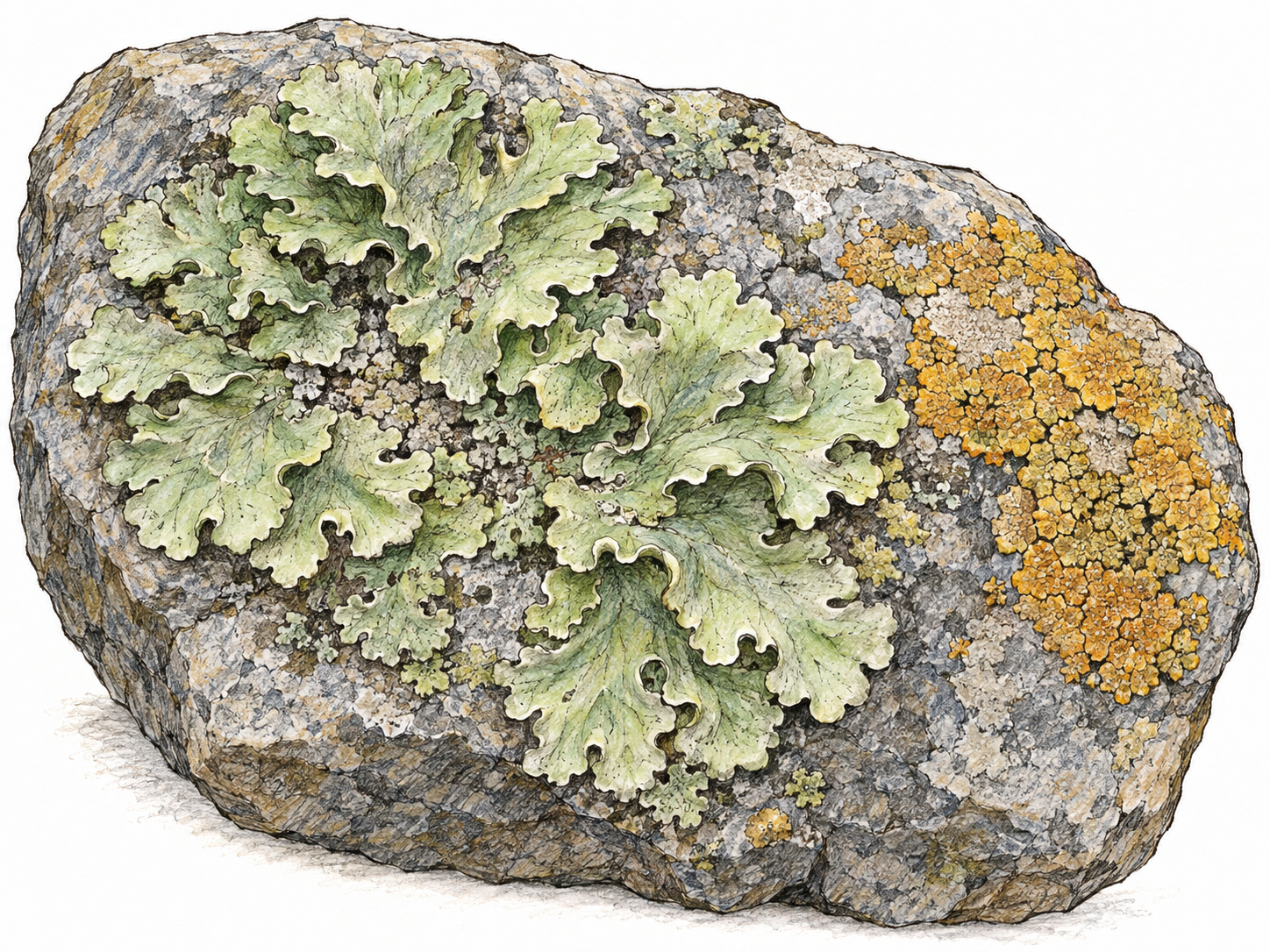 A close view of a gray rock bearing distinctive pale sage-green leafy lichen rosettes and a small ochre crustose patch, with bare stone visible between colonies.