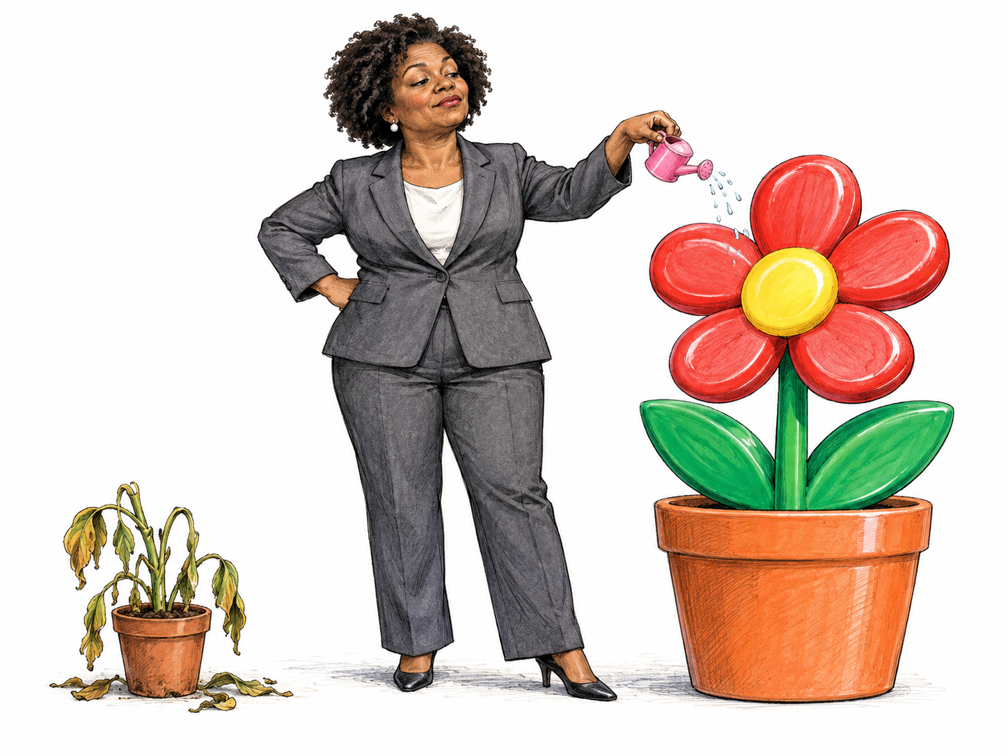 Official uses comically tiny watering can on a giant plastic potted flower while real small plant wilts beside her, humorous misplaced priorities clearly visible; no text or real person reference.