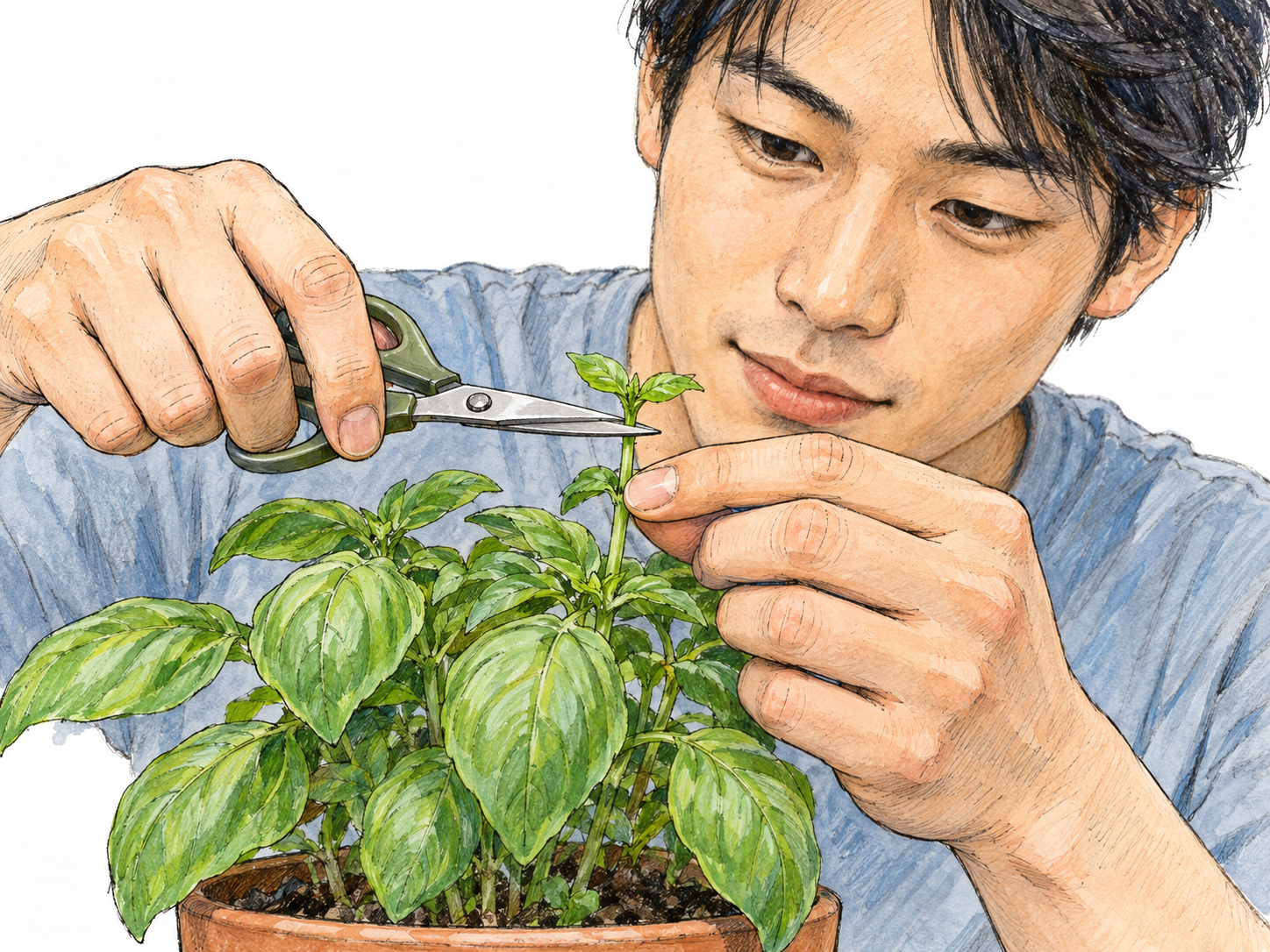 A man nips a tiny tender tip from a basil plant with small scissors, showing a light, precise cut rather than heavy pruning.