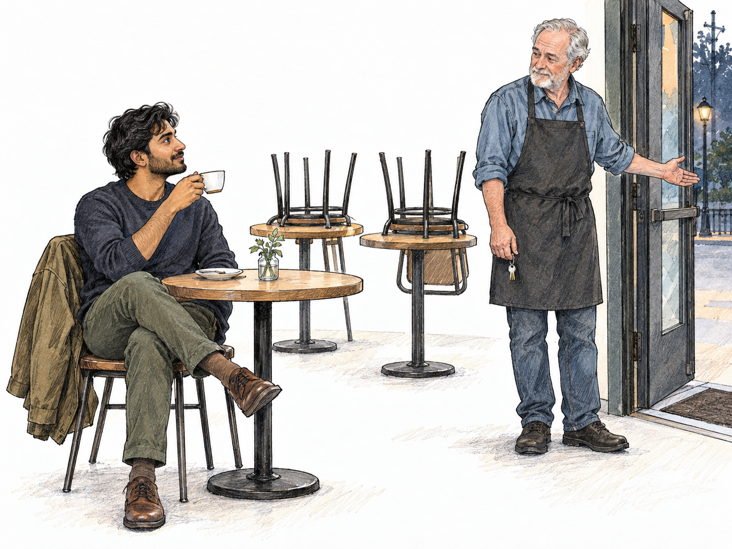 A café customer lingers over the last of his drink while the café is visibly closing: surrounding chairs are upturned on tables, and an older employee waits by the open exit with keys in hand.