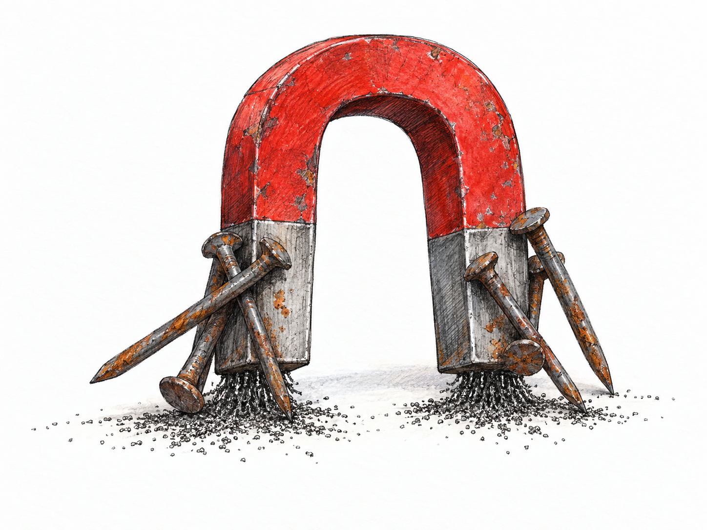 A magnet attracting rust-speckled iron nails and iron filings, showing the characteristic magnetic response and reddish-brown corrosion of iron-containing material.