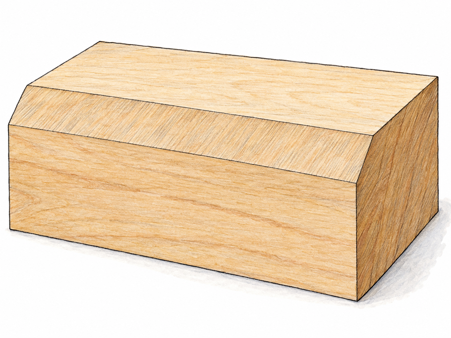 Close-up of a solid wooden block with a broad, flat bevel along its upper front edge, clearly showing the slanted strip between the horizontal top and vertical front face.