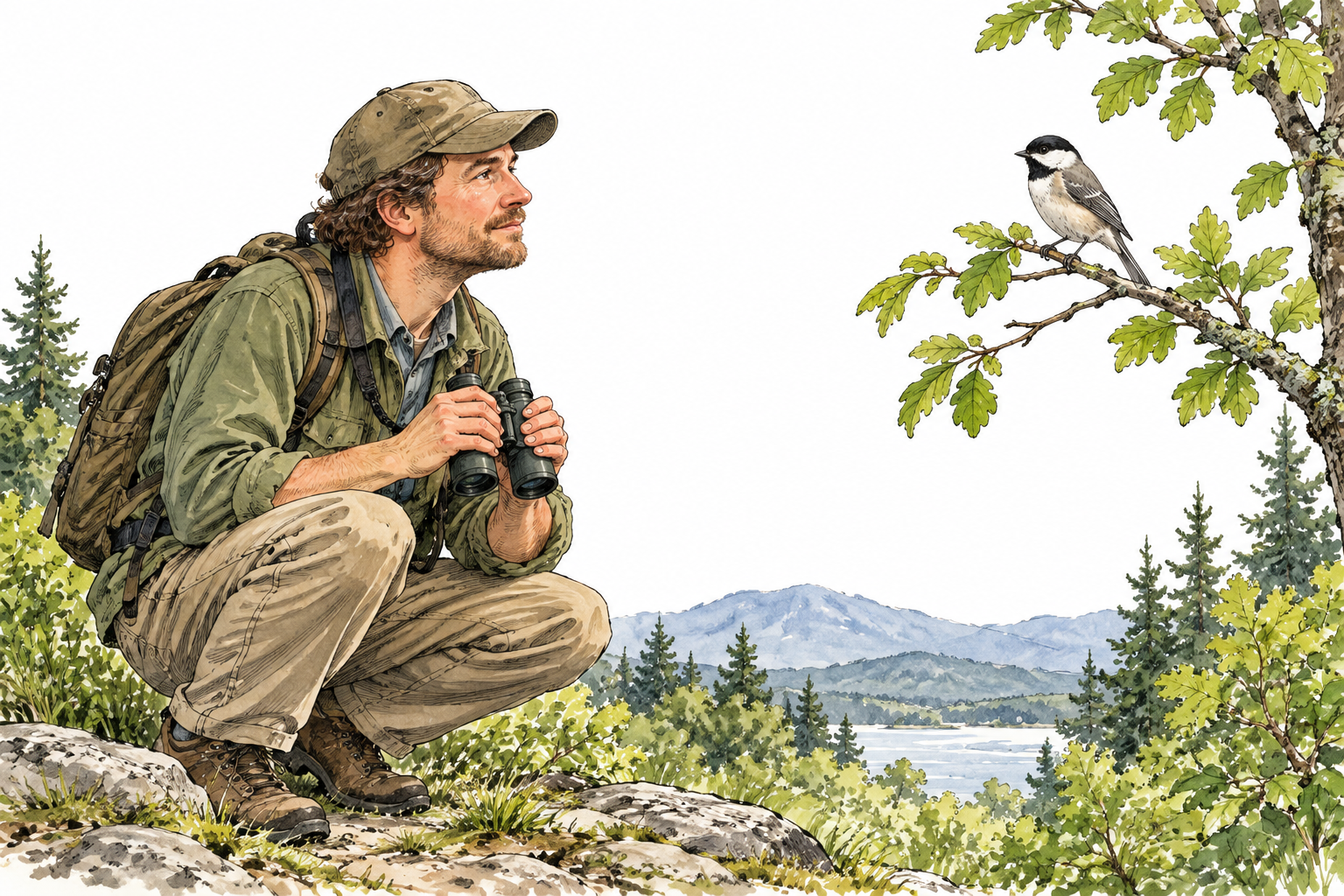 An adult birdwatcher attentively observes a bird perched nearby, focused gaze and binoculars held low, no text.