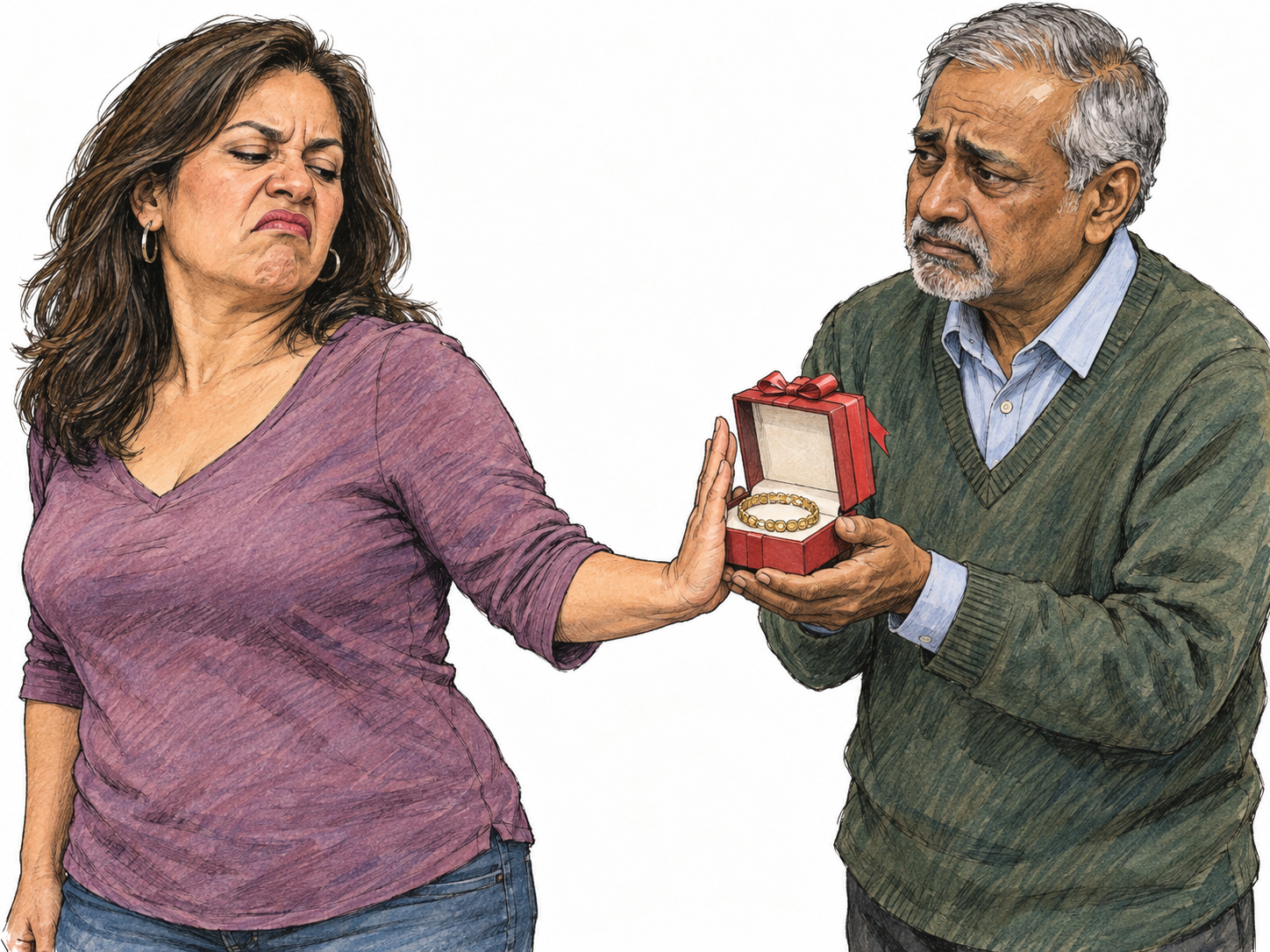 A woman contemptuously rejects an offered gift, pushing the open gift box back toward its giver while raising her chin and curling her lip.