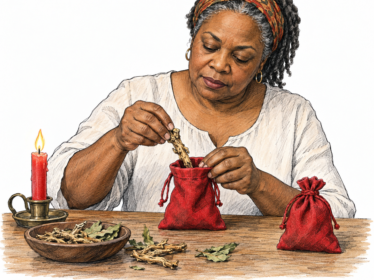 An African American rootworker prepares a small red flannel mojo bag, placing a dried root inside beside a candle and a few loose botanical ingredients.