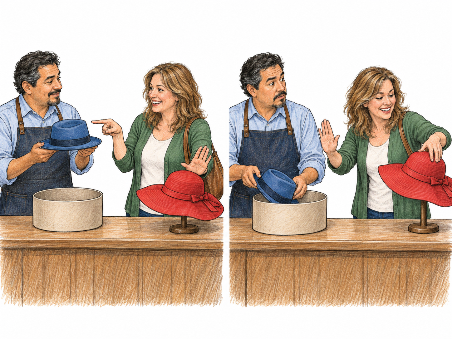 A text-free two-panel hat-shop scene shows a customer's sudden reversal of desire.