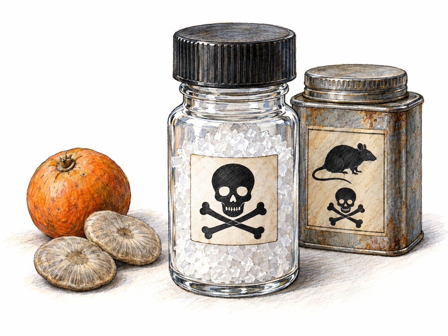 A poisonous crystalline compound presented with recognizable nux-vomica source material and a sealed rodent-pesticide container: a concrete, text-free illustration of strychnine rather than an isolated generic poison vial.