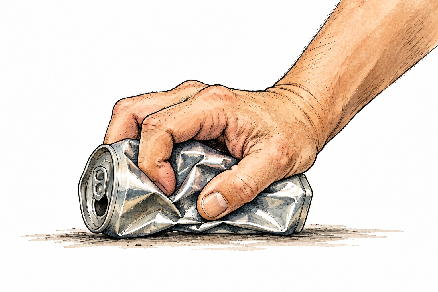 Hand firmly flattens an empty plain aluminum can, clear crushed small shape, no brand or letters.