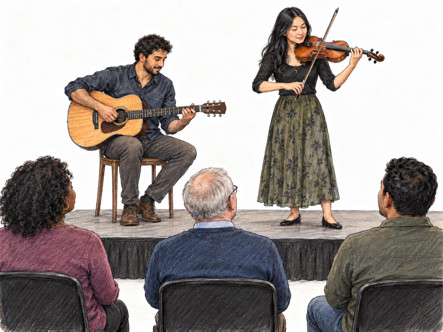 Two musicians actively perform on a small raised stage before a seated audience, making a public music performance visible rather than suggesting a rehearsal.