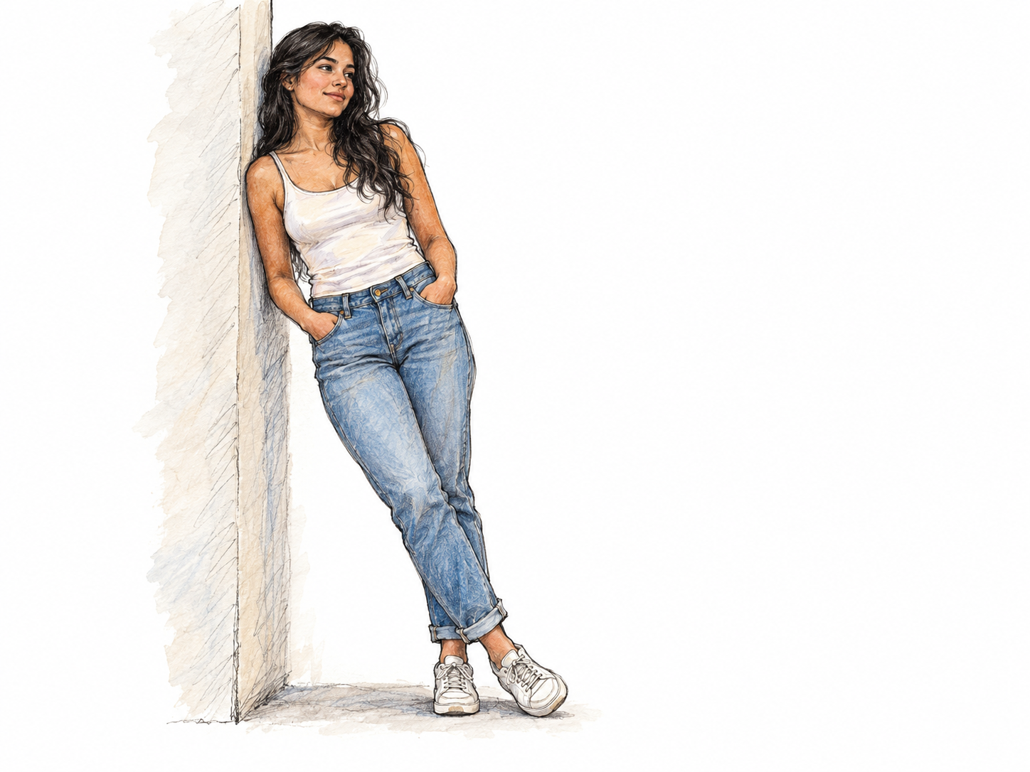 A young adult Latina woman rests at a slight sideways angle with her shoulder against a plain wall, making the wall's supporting role unmistakable.