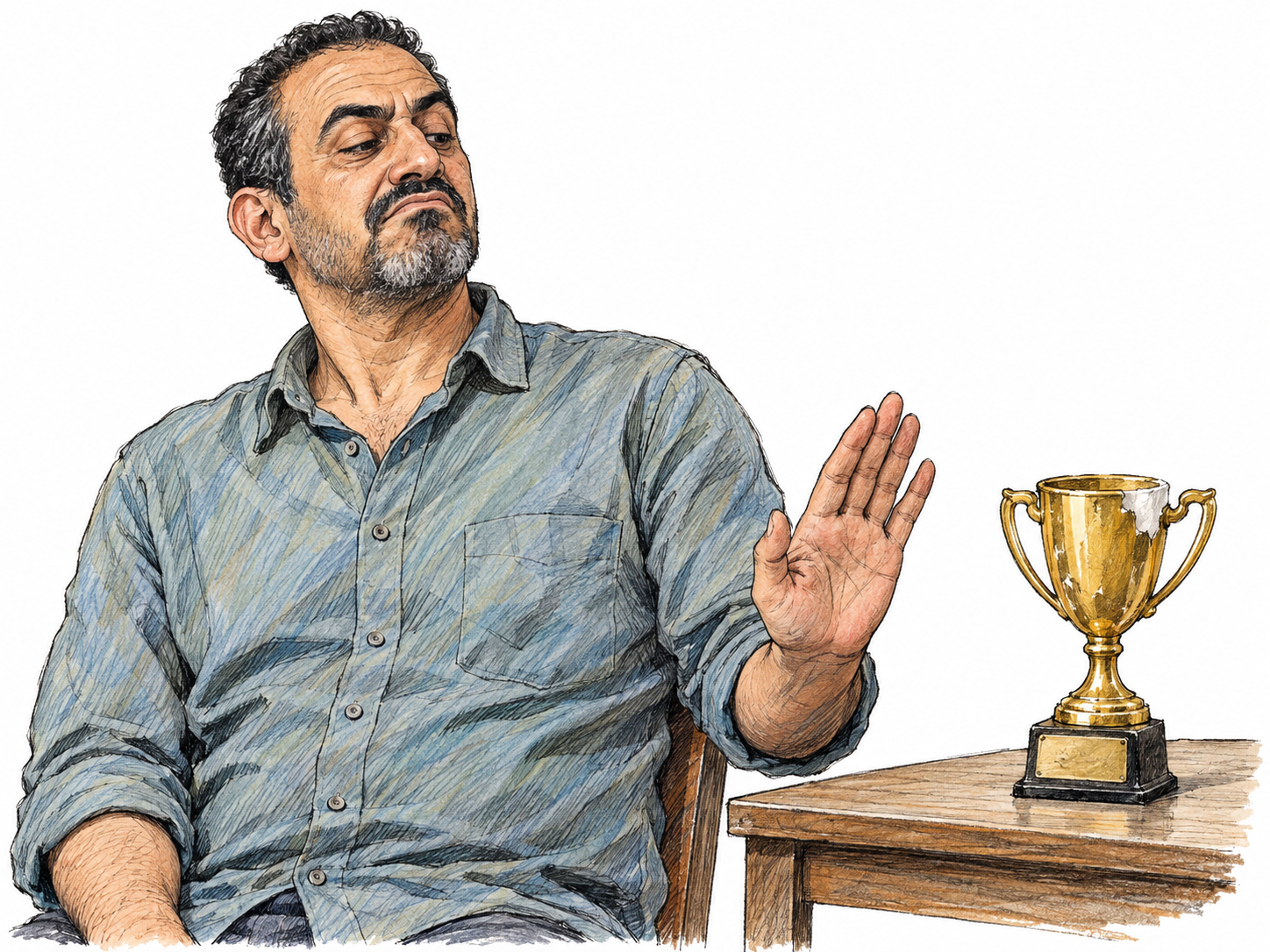 A middle-aged man regards a cheap plastic trophy with unmistakable disdain, lifting his chin and looking down at it with a curled lip while dismissively turning one palm away.