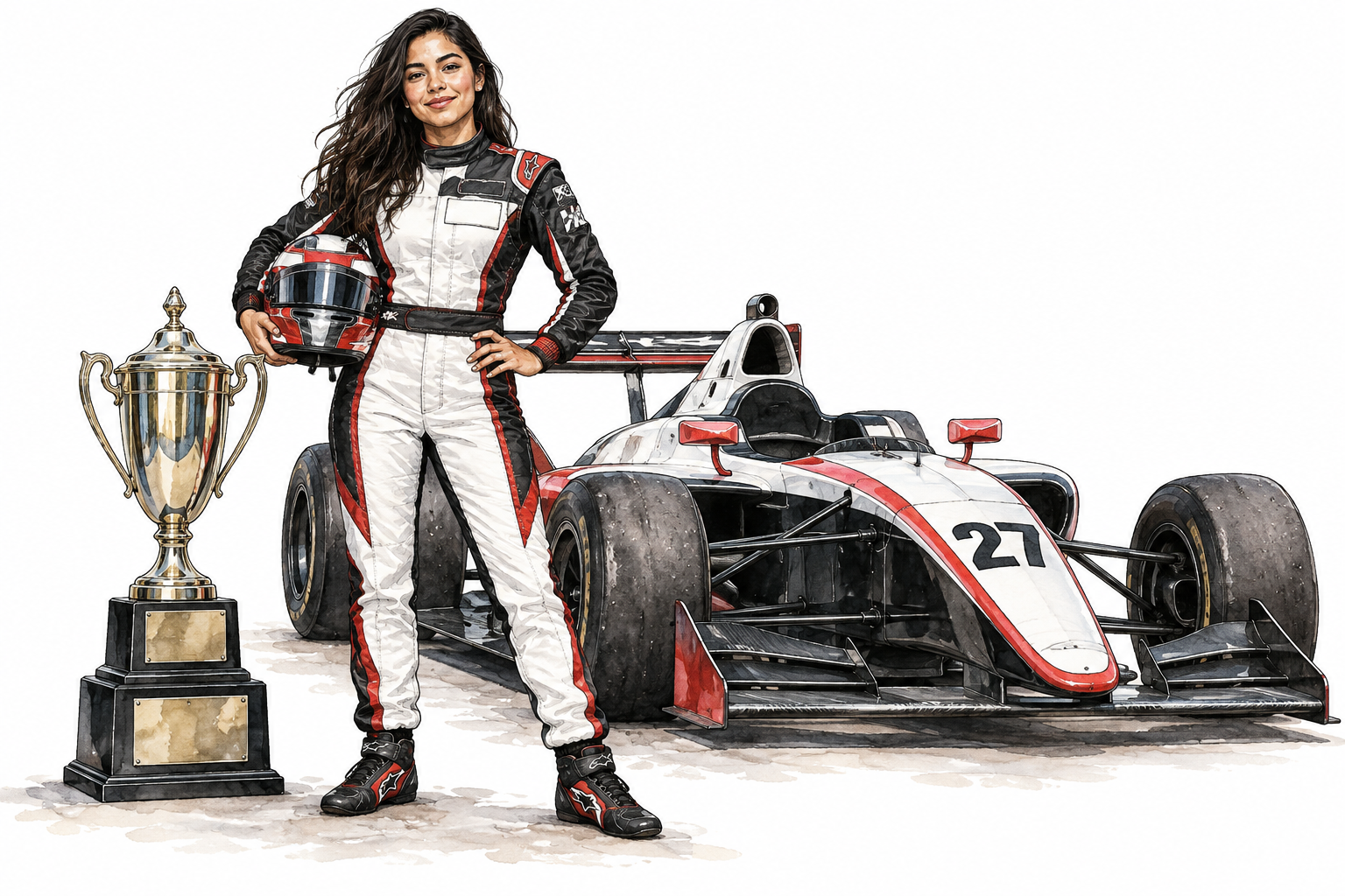 Confident skilled young Latina race driver stands beside trophy and racecar, admired accomplished performer.