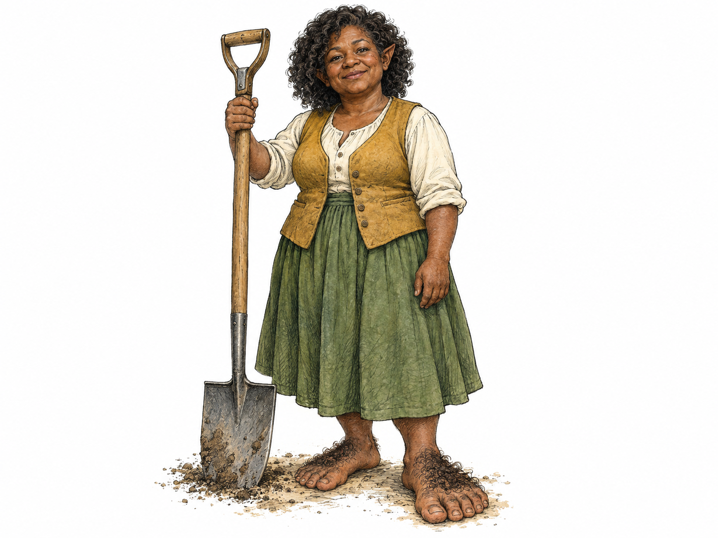 An adult hobbit stands barefoot beside a full-sized garden spade, making her small humanlike stature clear.