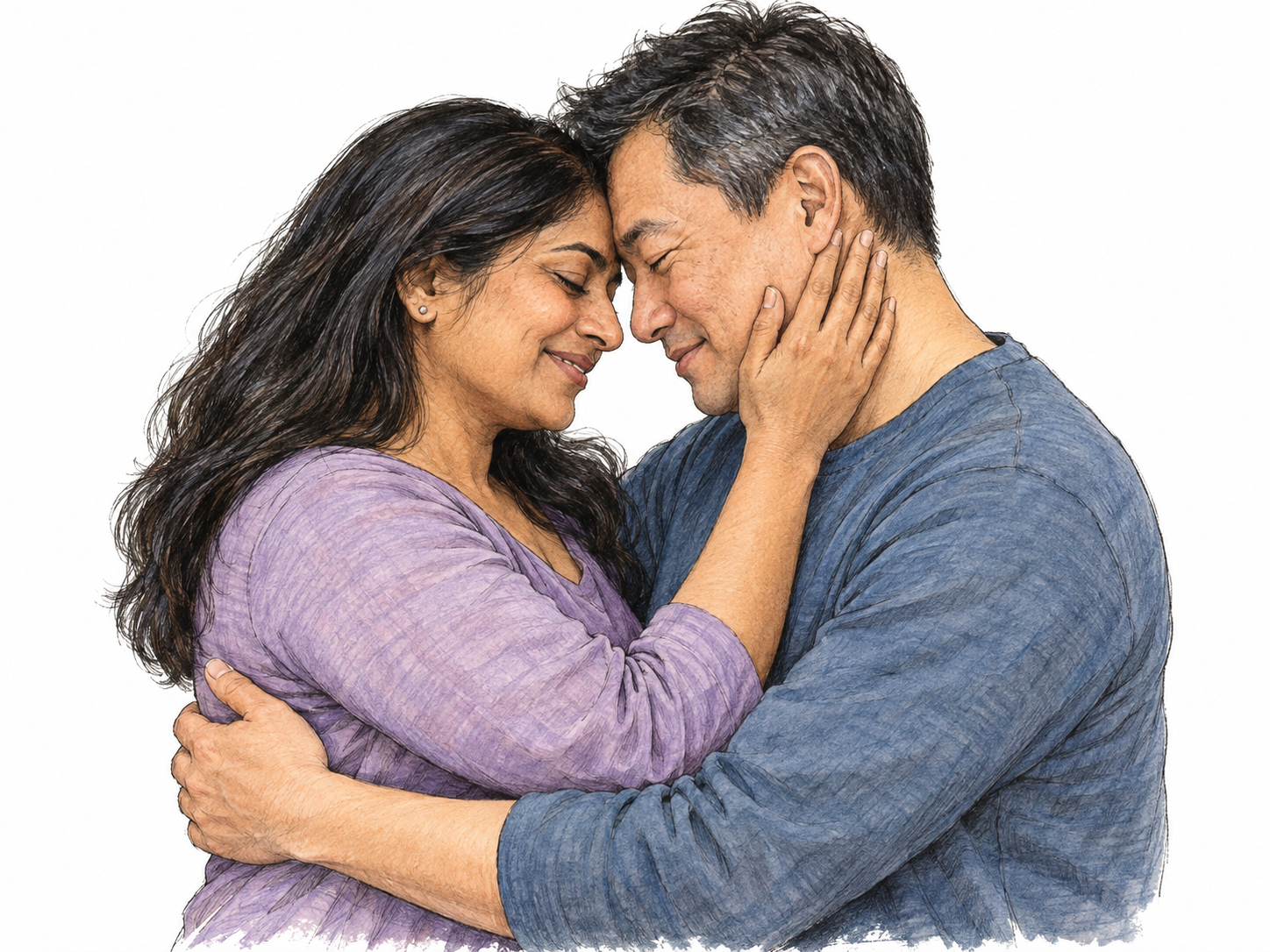 A middle-aged woman and man share a tender embrace, touching foreheads with relaxed smiles and gently holding one another.