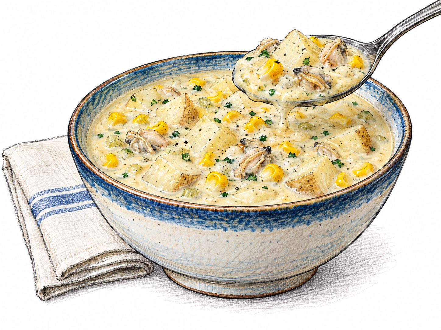 A wide ceramic bowl of thick creamy chowder contains recognizable potato cubes, corn and small clam pieces; spoon lifts a generous scoop, one plain folded napkin.