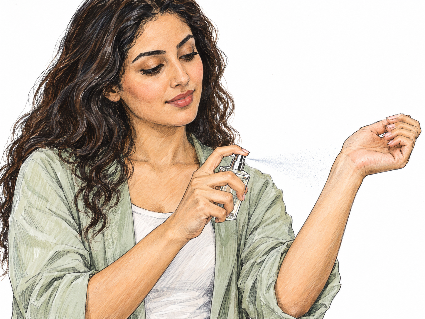 A woman sprays a small amount of clear fragrance from an elegant glass bottle onto the inside of her bare wrist, making the liquid’s use on skin immediately visible.