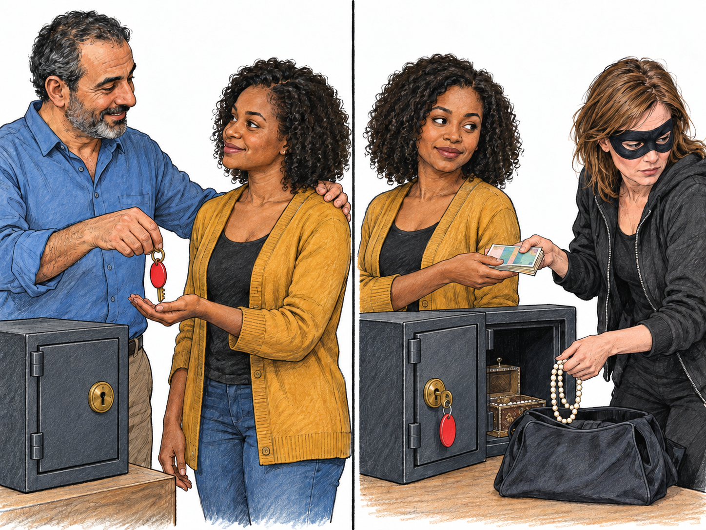 A two-panel, text-free sequence shows a trusted woman accepting a man's safe key, then selling access to that same safe to a masked burglar.