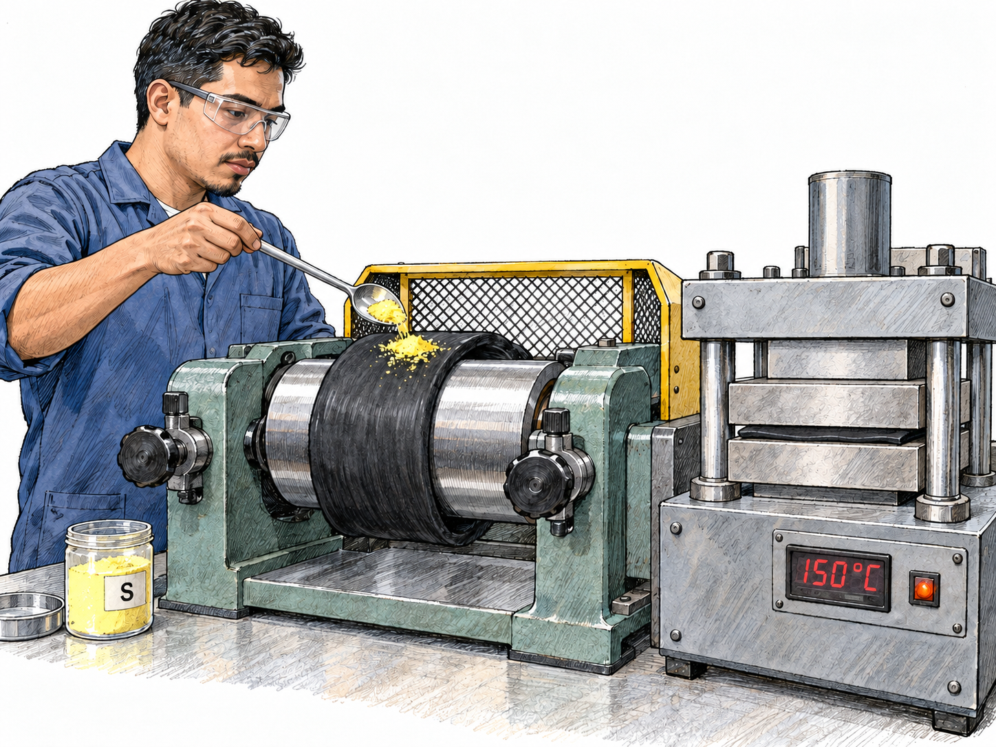 A compact rubber-processing workbench shows yellow sulfur being incorporated into black rubber on a small two-roll mill, beside a heated curing press holding a rubber sheet.
