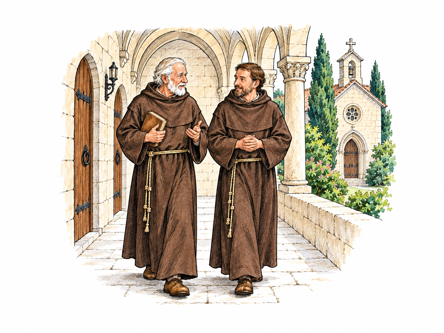 Two monks in simple robes walk a monastery cloister beside cell doors and small chapel.