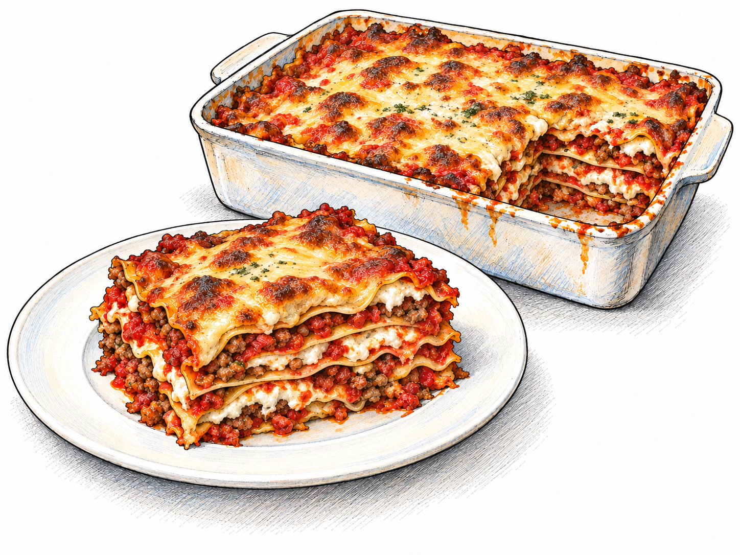A rectangular baking dish of golden-topped lasagna with one portion removed, beside a plated square whose cut face clearly reveals broad pasta sheets alternating with tomato sauce, cheese, and filling.