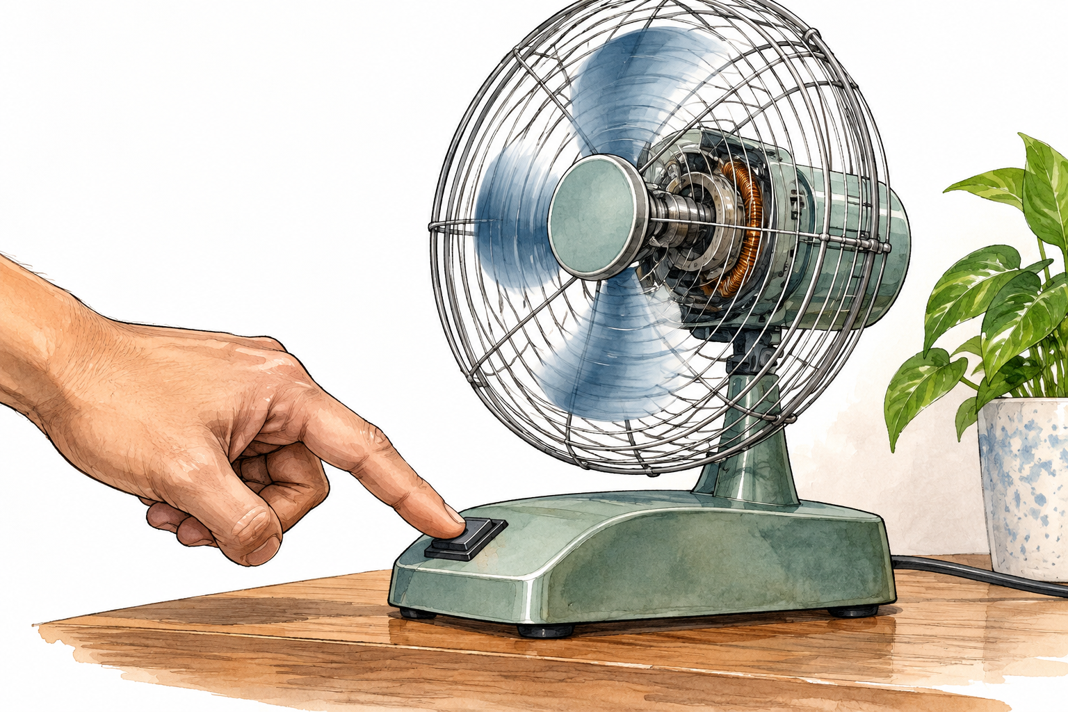 A hand presses a switch that starts a small electric fan; motor motion clearly visible.