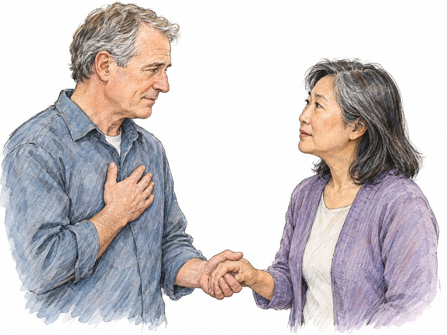 An older man makes a solemn personal pledge to an older woman, placing one hand over his heart while clasping her hand and maintaining earnest eye contact.