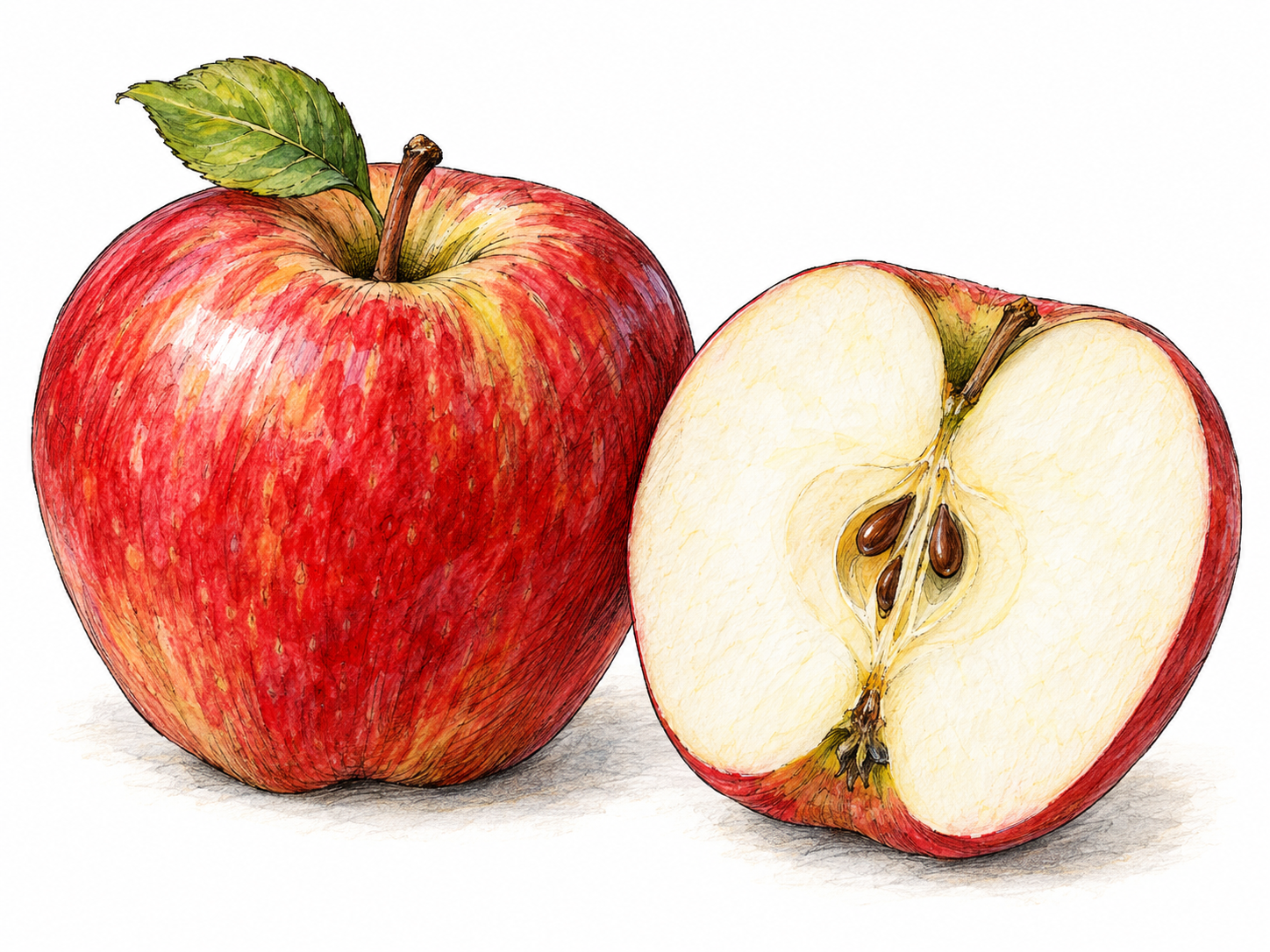 A single whole red apple with a short brown stem and small green leaf, beside a cut apple half revealing firm pale flesh and a seed core.