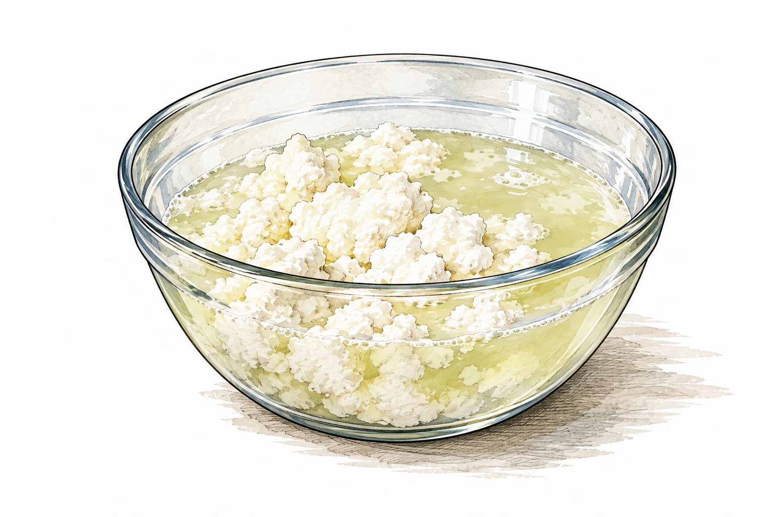Glass bowl of milk visibly separated into thick white lumps and pale watery whey.