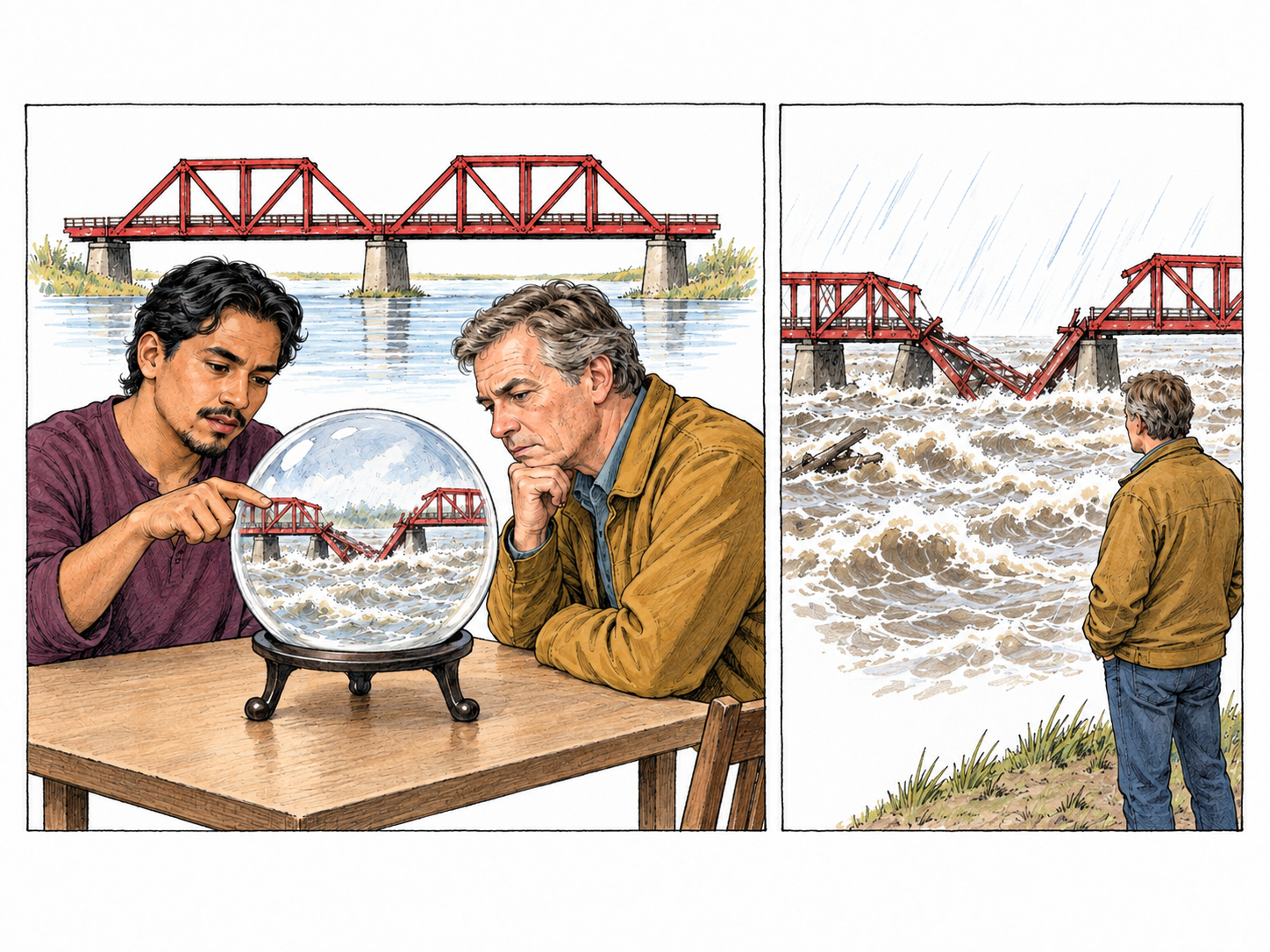 A text-free two-panel sequence shows a seer predicting the collapse of an intact bridge, followed by the matching event.