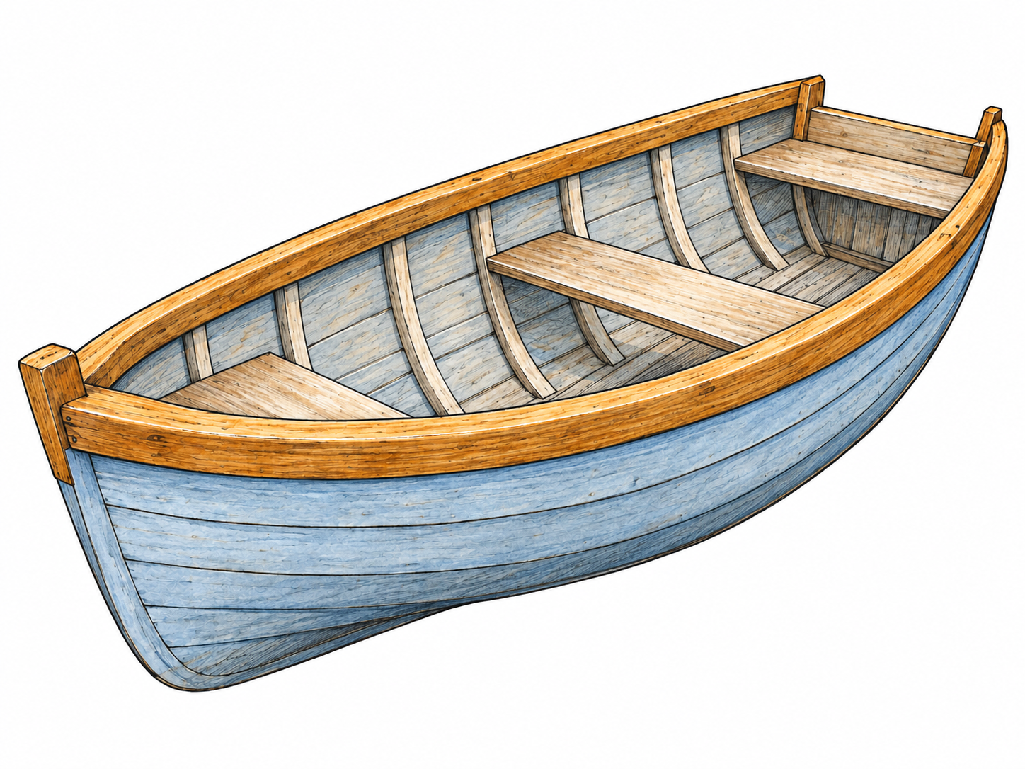 An elevated three-quarter view of a small open wooden rowboat, with its continuous upper side rim clearly distinguished in warm wood against a pale painted hull.