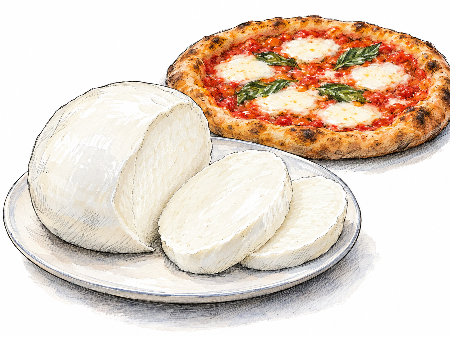 A fresh white mozzarella ball, partly sliced on a small plate, beside a simple tomato pizza topped with matching white mozzarella rounds.